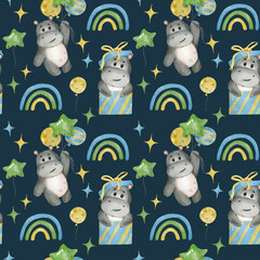 Hand drawn cute isolated baby boy holiday watercolor hippo animal seamless pattern. 