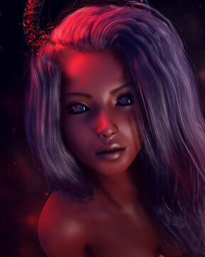 Demon art design. Devil woman with horns. Multi-coloured lights. 3d illustration