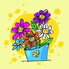 Primitive art still life flowers and leaves in blue vase