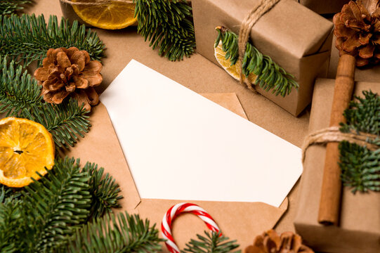 Christmas card with okace for text. Natoral colors and ornaments. Zero waste and eco friendly concept