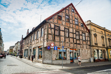 Inowroclaw, Poland - August 10, 2021. Old building by main square in Krolowej Jadwigi street