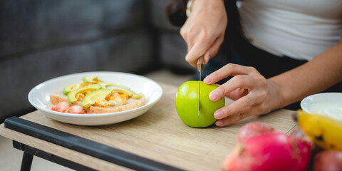 healthy clean food concept, Asian woman with fresh vegetable for diet lifestyle, happy vegetarian