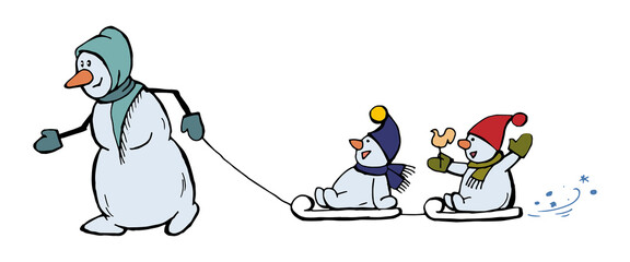 A family of snowmen on a walk