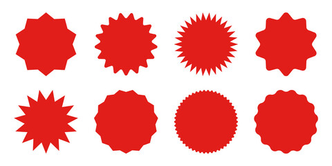 Red shopping labels collection. Sale or discount sticker. Special offer price tag. Supermarket promotional badge. Vector sunburst icon.