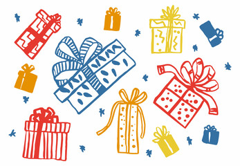 Vector illustration with a set of different multicolored gift boxes. The concept of holidays, congratulations.