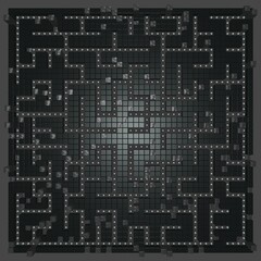 extra big dark-greylabirinth maze made of polished cubes with dark points and randomly placed deformed cubes. Colors safe to color blind users. Deuteronopia, Protanopia, Tritanopia. digital art.