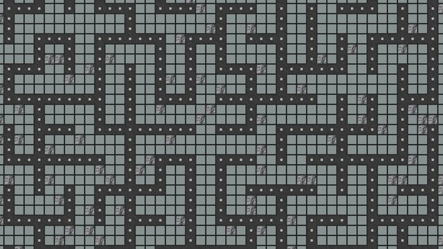 Big grey labirinth maze made of polished cubes with blue points and randomly placed deformed cubes. Colors safe to color blind users. Deuteronopia, Protanopia, Tritanopia. digital art.