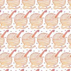 Vector pattern with abstract skeins of yarn with a crochet hook. Background of falling snowflakes. Knitting concept. It can be used in the design of fabric, wrapping paper, etc.