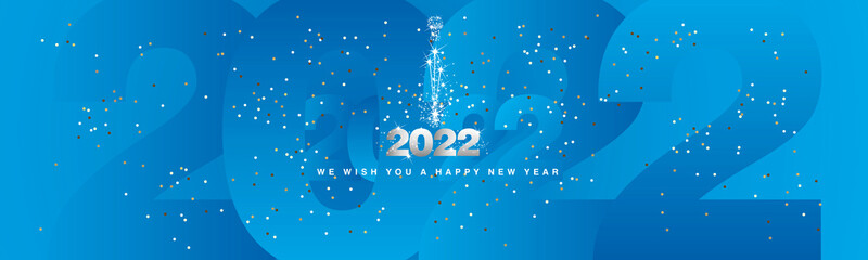 We wish you a Happy New Year 2022 white silver shining sparkle firework glitter light blue 2022 background greeting card