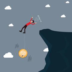 Flat design of cryptocurrency,A young man with a digital coin stuck to his leg fell into a ravine - Vector