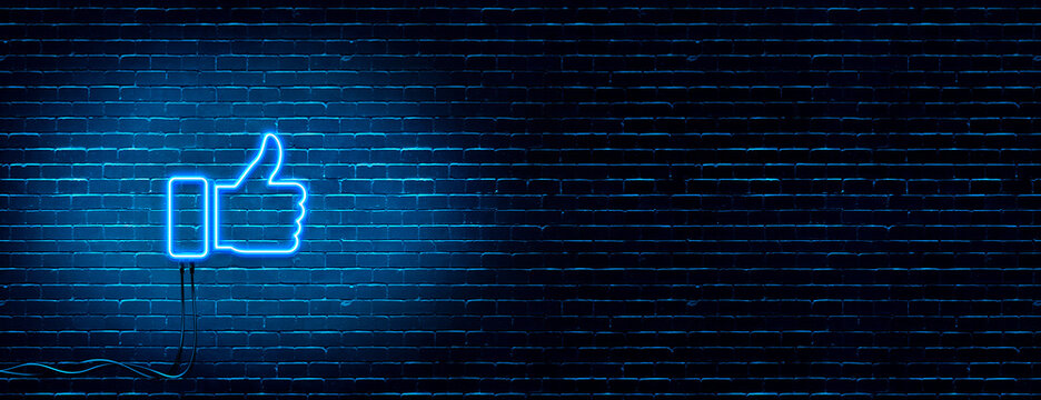 Neon Like (thumb) Button For Social Media On Brick Wall - Neon Facebook Like Icon Illustration