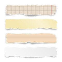 Fototapeta na wymiar Ripped colorful paper strips isolated on white background. Realistic crumpled paper scraps with torn edges. Lined shreds of notebook pages. Vector illustration.