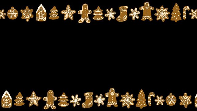 Gingerbread cookies frame or border. Hand drawn animation of many cookies moving in line, in a row with copy space. Winter holiday festive mockup for ad, bakery, pastry shop, online cooking class