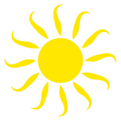 Sun with even rays, flat style. Sunny weather day. Silhouette of yellow bright sun isolated on white background. Vector illustration