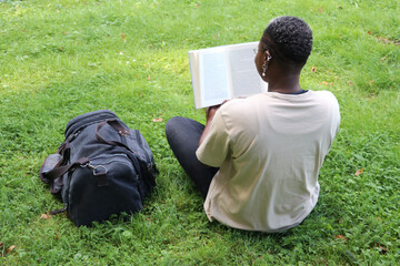 woman, book, read, reading material, park, african, afroamerican