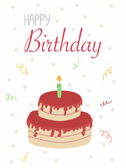 Birthday card. Vector illustration of a birthday cake in cartoon style on a white background. Hand-drawn comic greeting card