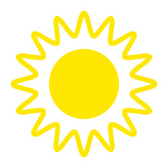 Sun with even rays, flat style. Sunny weather day. Silhouette of yellow bright sun isolated on white background. Vector illustration