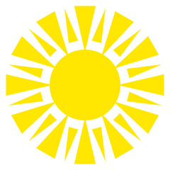 Sun with even rays, flat style. Sunny weather day. Silhouette of yellow bright sun isolated on white background. Vector illustration
