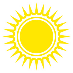 Sun with even rays, flat style. Sunny weather day. Silhouette of yellow bright sun isolated on white background. Vector illustration