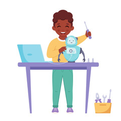 Little black boy creating a robot. Robotics, programming and engineering for kids. Vector illustration