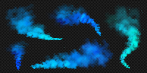 Realistic blue colorful smoke clouds, mist effect. Colored fog on dark background. Vapor in air, steam flow. Vector illustration.