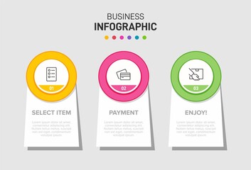 Concept of shopping process with 3 successive steps. Three colorful graphic elements. Timeline design for brochure, presentation, web site. Infographic design layout.