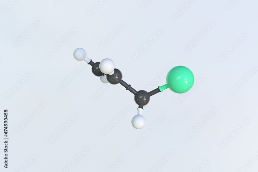 Poster molecule of allyl chloride, isolated molecular model. 3d rendering