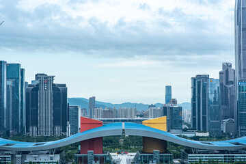 Shen Zhen skyscraper building landscape, China business urban city in modern