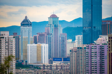 Naklejka premium Hong Kong, China skyscraper building in modern city landscape, business urban center of Asia