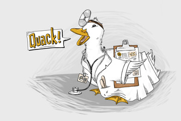 A humorous hand sketched illustration of a duck dressed as a doctor loudly saying quack!