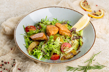 Fototapeta na wymiar Salad with salmon, orange and avocado.