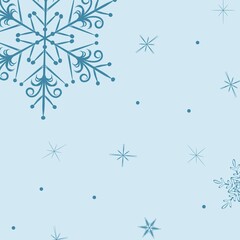 abstract drawing of a snowflake on a blue background, an empty template for a social network post, a mock-up of a Christmas greeting card, a background image, a festive New Year's illustration