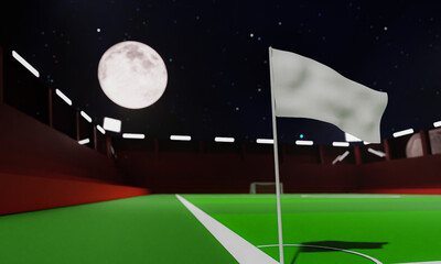 flag on the corner of the football field It's being blown away by the wind. sports club football field empty, no audience at night full moon. 3D Rendering