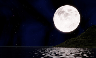 Naklejka na ściany i meble full moon Reflected on the surface of the sea or ocean. The night of the 15th lunar day or the Mid-Autumn Festival The stars fill the sky. super moon golden yellow beautiful nature. 3D rendering