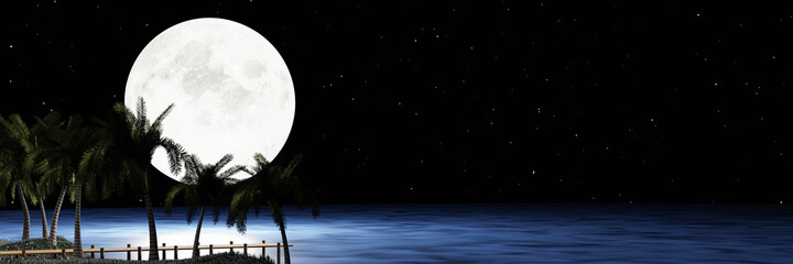 Full moon with stars in the sky. moonlight reflected on the water's surface or Sea and  Ocean. Fireflies on the grass, there are flowers on the field. romantic atmosphere of valentine. 3D Rendering