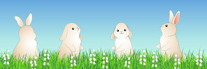 Cute Cartoon Style White Bunnies in the Spring Meadow. Vector Illustration with Rabbits.