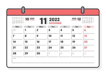2022年11月のカレンダー：シンプルな月曜始まりの月めくりカレンダー - マンスリー・3ヶ月