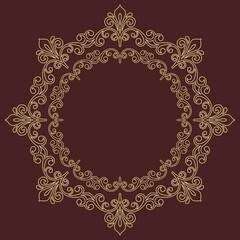 Oriental vector round golden frame with arabesques and floral elements. Floral golden border with vintage pattern. Greeting card with place for text