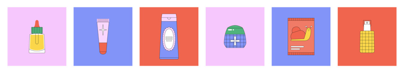 Set of vector illustrations with beauty products. Korean cosmetics. Can be used in magazine, banner, social media, highlights, typographic design. Skin care and online shopping concept.