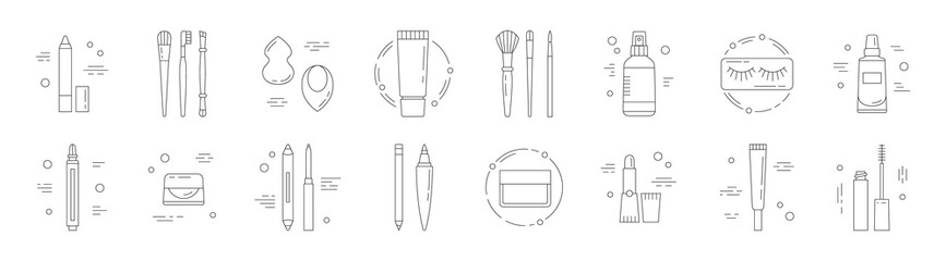 Big set of icons with beauty products. Makeup and Korean cosmetics. Can be used in web, typographic, package design, as highlights etc. Online shopping concept. Black and white. Vector illustration