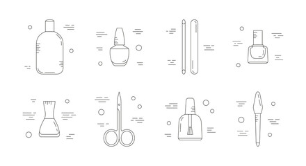 Big set of icons with manicure and pedicure supplies. Self care and cosmetics. Can be used in web, typographic, package design, as highlights etc. Online shopping concept. Vector illustration