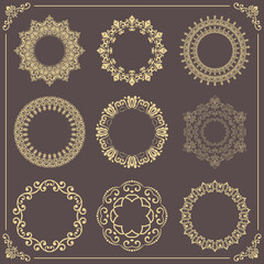 Vintage set of vector round elements. Different golden elements for design frames, backgrounds and monograms. Classic golden patterns. Set of vintage patterns