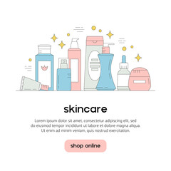 Still life with beauty products. Skin care and online shopping. Vector illustration with cosmetics. Banner template, social media publication, web design. Add your text and clickable buttons below