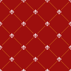 Seamless vector pattern. Modern geometric red and golden ornament with white royal lilies. Classic vintage background