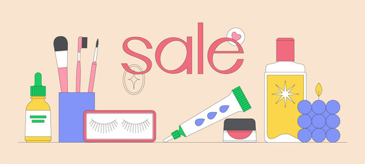 Banner template with still life with beauty products. Makeup and skin care concept. Online shopping. Korean cosmetics. Daily beauty routine. Season sale. Vector illustration.