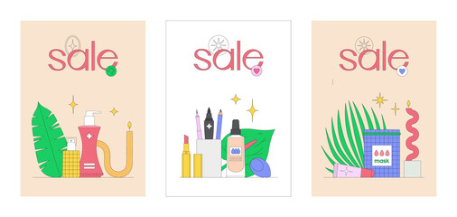 Banner template set with with beauty products. Makeup, manicure and skin care concept. Online shopping. Korean cosmetics. Season sale. Vector illustration. Can be used in web and typographic design.