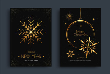 Merry Christmas greeting card design with stylized gold snowflakes and decoration on dark background. New Year invitation poster layout with Golden line illustration