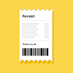 Obraz premium Vector illustration of paper receipt. Paper print cheque, shop receipt, bill illustration with cute 