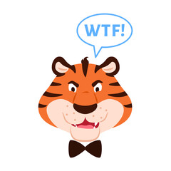 Flat angry roaring tiger muzzle with open mouth and fangs say WTF isolated on white background. Front view. Cute dissatisfied wild cat face. Animal character cartoon head vector illustration.