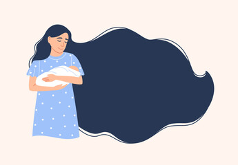 Mother and newborn baby family banner design with blank text space. Adorable happy cartoon mom, child together. Celebration, invitation, greeting card background design. Parenthood vector illustration